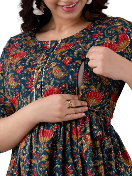 Nevy Blue - Maternity Feeding Kurti with Zipper | Cotton Floral Printed Pregnancy & Nursing Dress | Comfortable & Stylish Maternity Wear for Women | Breastfeeding Kurta with Zipper | Soft & Elegant