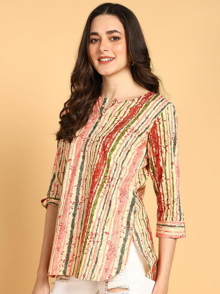 Peach Multi - Women's Floral Printed Cotton Top - Stylish Long Top with Mandarin Collar, Perfect for Jeans, Ideal for Casual & Ethnic Wear