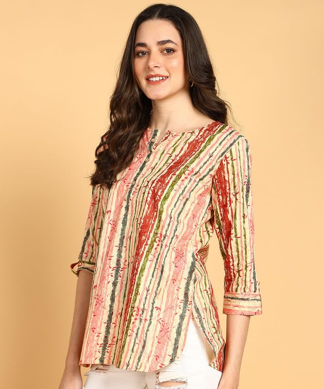 Peach Multi - Women's Floral Printed Cotton Top - Stylish Long Top with Mandarin Collar, Perfect for Jeans, Ideal for Casual & Ethnic Wear