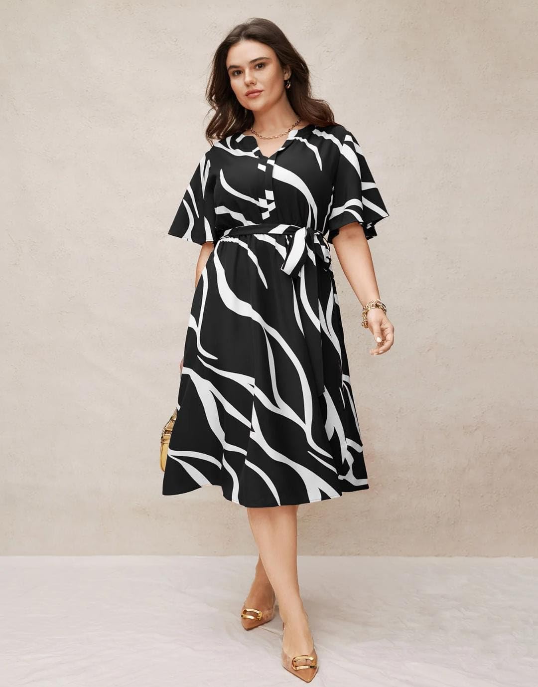 Black - One Piece Dress for Women, New American Print Rayon Midi Dress, Stylish, Modern Party Outfit, Perfect for Casual and Formal Occasions