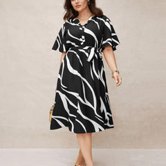 Black - One Piece Dress for Women, New American Print Rayon Midi Dress, Stylish, Modern Party Outfit, Perfect for Casual and Formal Occasions