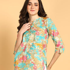 Cream - Women's Floral Printed Cotton Top - Stylish Long Top with Mandarin Collar, Perfect for Jeans, Ideal for Casual & Ethnic Wear