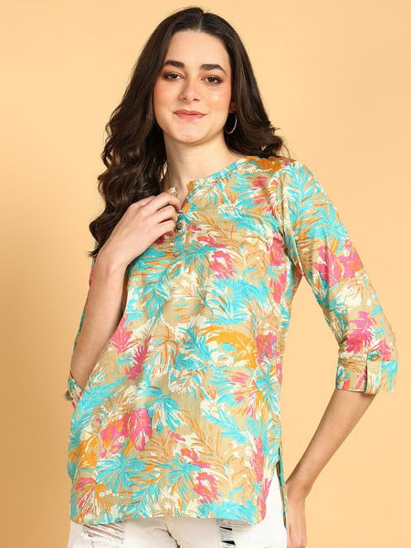 Cream - Women's Floral Printed Cotton Top - Stylish Long Top with Mandarin Collar, Perfect for Jeans, Ideal for Casual & Ethnic Wear