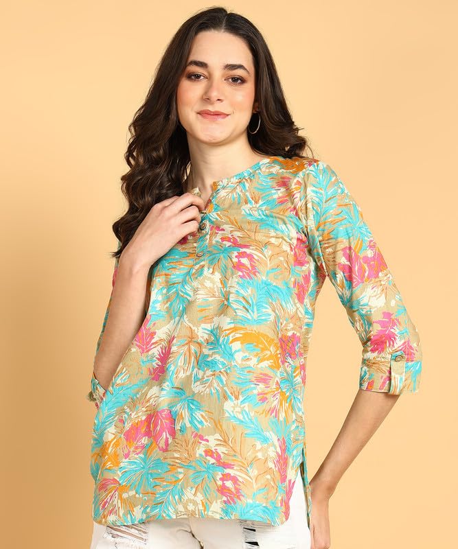 Cream - Women's Floral Printed Cotton Top - Stylish Long Top with Mandarin Collar, Perfect for Jeans, Ideal for Casual & Ethnic Wear