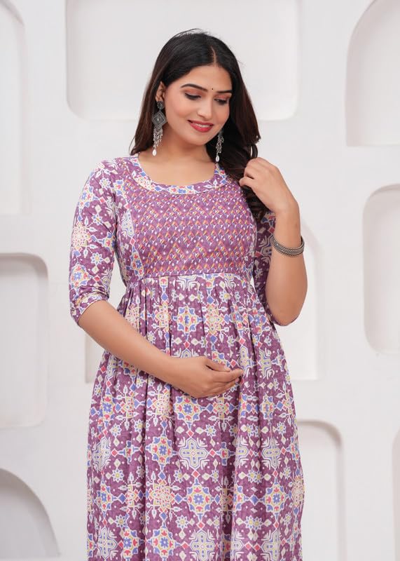 Pink - Maternity Feeding Kurti with Zipper | Cotton Floral Printed Pregnancy & Nursing Dress | Comfortable & Stylish Maternity Wear for Women | Breastfeeding Kurta with Zipper | Soft & Elegant