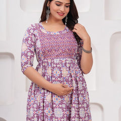 Pink - Maternity Feeding Kurti with Zipper | Cotton Floral Printed Pregnancy & Nursing Dress | Comfortable & Stylish Maternity Wear for Women | Breastfeeding Kurta with Zipper | Soft & Elegant