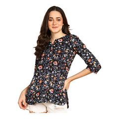Black - Women's Floral Printed Cotton Top - Stylish Long Top with Mandarin Collar, Perfect for Jeans, Ideal for Casual & Ethnic Wear