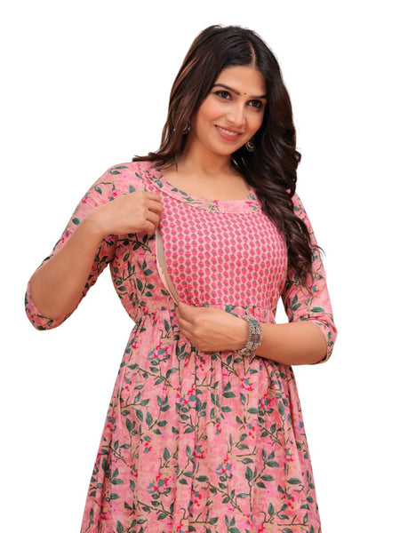 Pink Green Leaf - Maternity Feeding Kurti with Zipper | Cotton Floral Printed Pregnancy & Nursing Dress | Comfortable Maternity Wear for Women | Breastfeeding Kurta Set with Zip | Stylish & Soft