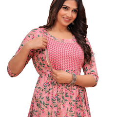 Pink Green Leaf - Maternity Feeding Kurti with Zipper | Cotton Floral Printed Pregnancy & Nursing Dress | Comfortable & Stylish Maternity Wear for Women | Breastfeeding Kurta with Zipper | Soft & Elegant