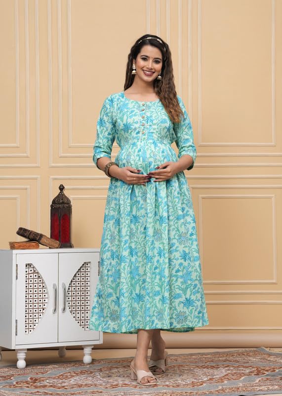 Aqua - JAIPURFAME Maternity Feeding Kurti with Zipper | Cotton Floral Printed Pregnancy & Nursing Dress | Comfortable & Stylish Maternity Wear for Women | Breastfeeding Kurta with Zipper | Soft & Elegant