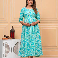 Aqua - JAIPURFAME Maternity Feeding Kurti with Zipper | Cotton Floral Printed Pregnancy & Nursing Dress | Comfortable & Stylish Maternity Wear for Women | Breastfeeding Kurta with Zipper | Soft & Elegant