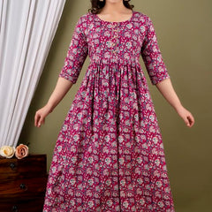 Wine - JAIPURFAME Maternity Feeding Kurti with Zipper | Cotton Floral Printed Pregnancy & Nursing Dress | Comfortable & Stylish Maternity Wear for Women | Breastfeeding Kurta with Zipper | Soft & Elegant