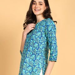 Sky Blue1 - Women's Floral Printed Cotton Top - Stylish Long Top with Mandarin Collar, Perfect for Jeans, Ideal for Casual & Ethnic Wear