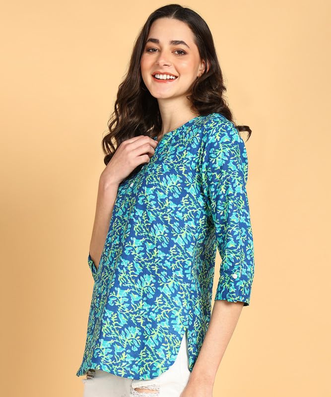 Sky Blue1 - Women's Floral Printed Cotton Top - Stylish Long Top with Mandarin Collar, Perfect for Jeans, Ideal for Casual & Ethnic Wear