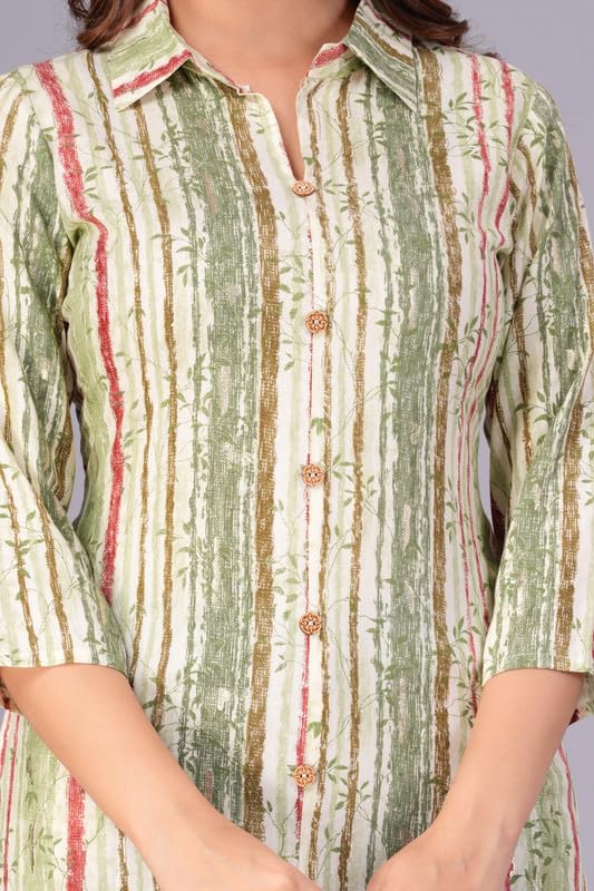 Green - Women's Cotton Kurta | Elegant Rust Stripe Collar-Neck Kurta | Perfect Blend of Comfort & Style | Suitable for Party & Casual Wear