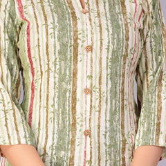 Green - Women's Cotton Kurta | Elegant Rust Stripe Collar-Neck Kurta | Perfect Blend of Comfort & Style | Suitable for Party & Casual Wear