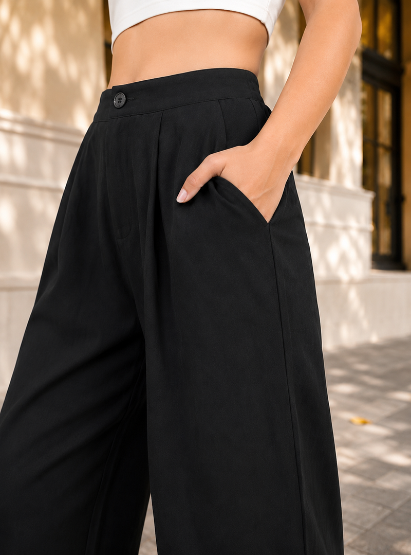 Women’s Black High-Waisted Wide Leg Linen Pants with Pockets