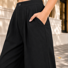 Women’s Black High-Waisted Wide Leg Linen Pants with Pockets