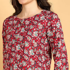 Wain - Women's Floral Printed Cotton Top - Stylish Long Top with Mandarin Collar, Perfect for Jeans, Ideal for Casual & Ethnic Wear