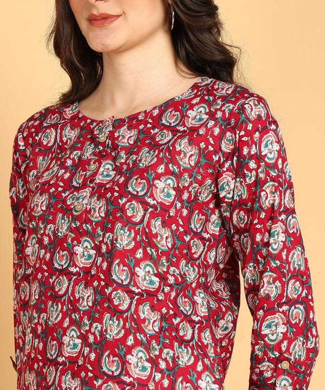 Wain - Women's Floral Printed Cotton Top - Stylish Long Top with Mandarin Collar, Perfect for Jeans, Ideal for Casual & Ethnic Wear