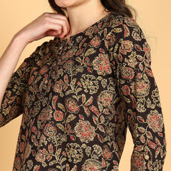 Classy Black - Women's Floral Printed Cotton Top - Stylish Long Top with Mandarin Collar, Perfect for Jeans, Ideal for Casual & Ethnic Wear