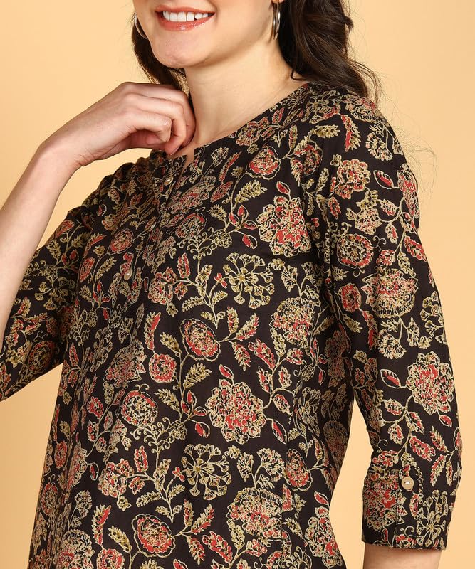 Classy Black - Women's Floral Printed Cotton Top - Stylish Long Top with Mandarin Collar, Perfect for Jeans, Ideal for Casual & Ethnic Wear