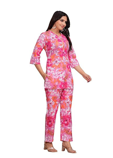 Women's Floral Cotton Co-Ord Set - Bright & Comfortable Summer Wear Top and Pants, Ideal for Casual & Wear, Soft & Breathable Fabric