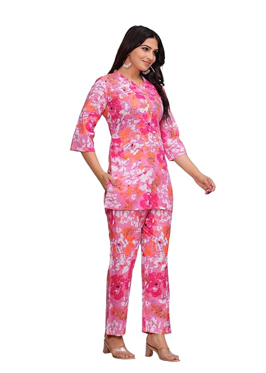 Women's Floral Cotton Co-Ord Set - Bright & Comfortable Summer Wear Top and Pants, Ideal for Casual & Wear, Soft & Breathable Fabric