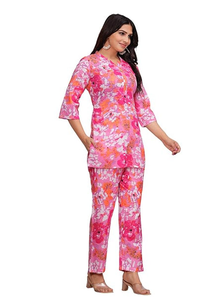 Women's Floral Cotton Co-Ord Set - Bright & Comfortable Summer Wear Top and Pants, Ideal for Casual & Wear, Soft & Breathable Fabric