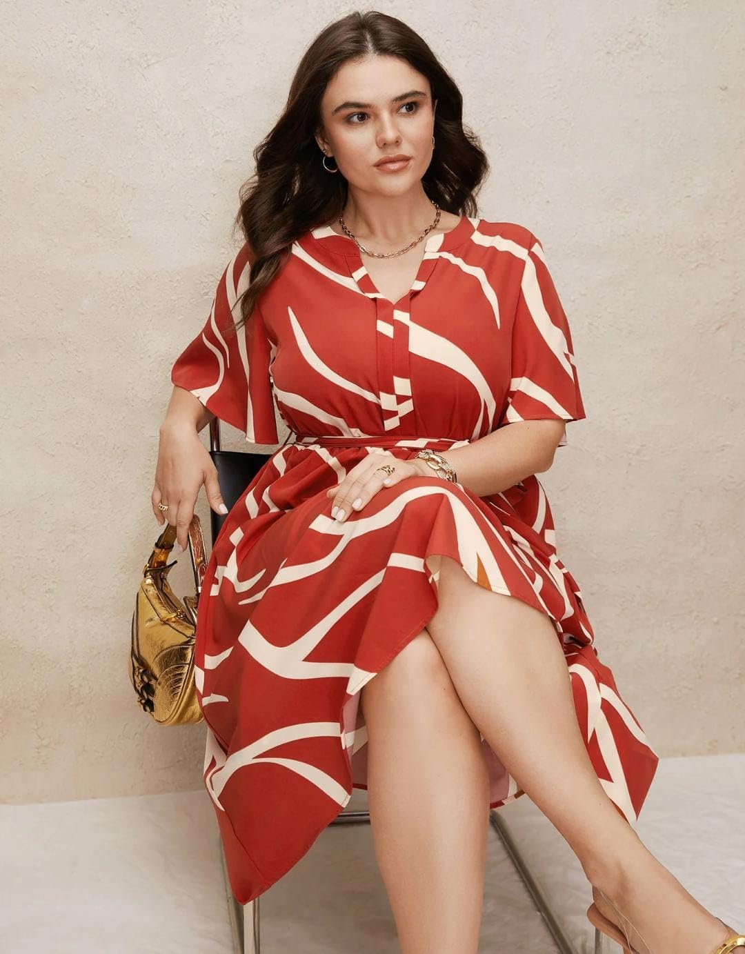 Red - One Piece Dress for Women, New American Print Rayon Midi Dress, Stylish, Modern Party Outfit, Perfect for Casual and Formal Occasions