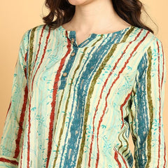 Sky Blue - Women's Floral Printed Cotton Top - Stylish Long Top with Mandarin Collar, Perfect for Jeans, Ideal for Casual & Ethnic Wear