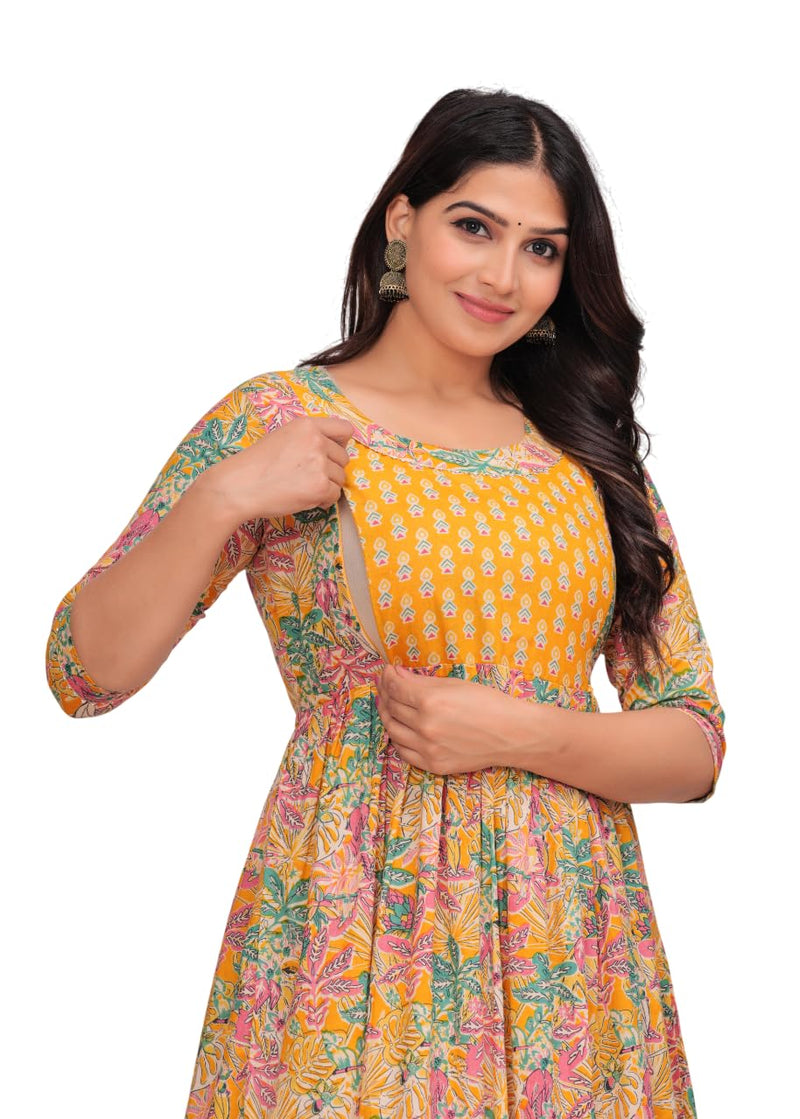 Yellow Green Floral - Maternity Feeding Kurti with Zipper | Cotton Floral Printed Pregnancy & Nursing Dress | Comfortable Maternity Wear for Women | Breastfeeding Kurta Set with Zip | Stylish & Soft