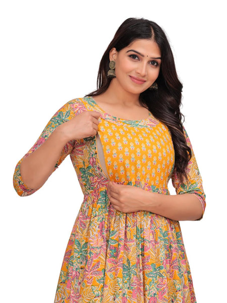 Yellow Green Floral - Maternity Feeding Kurti with Zipper | Cotton Floral Printed Pregnancy & Nursing Dress | Comfortable Maternity Wear for Women | Breastfeeding Kurta Set with Zip | Stylish & Soft