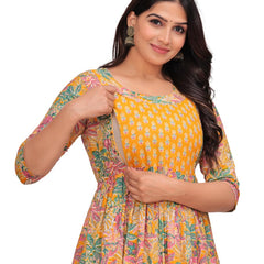 Yellow Green Floral - Maternity Feeding Kurti with Zipper | Cotton Floral Printed Pregnancy & Nursing Dress | Comfortable & Stylish Maternity Wear for Women | Breastfeeding Kurta with Zipper | Soft & Elegant
