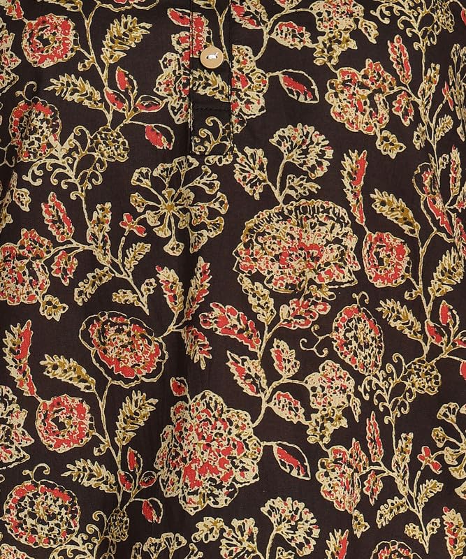 Classy Black - Women's Floral Printed Cotton Top - Stylish Long Top with Mandarin Collar, Perfect for Jeans, Ideal for Casual & Ethnic Wear