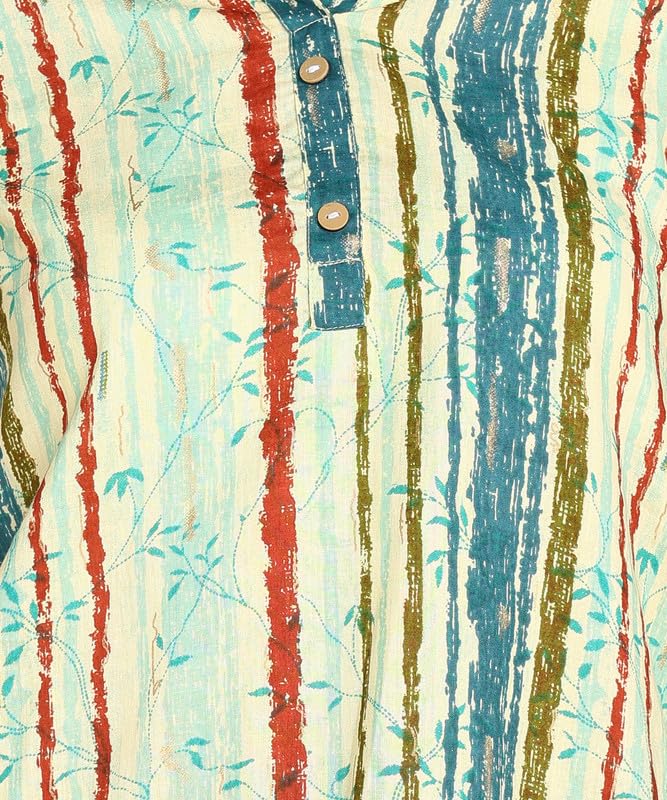 Sky Blue - Women's Floral Printed Cotton Top - Stylish Long Top with Mandarin Collar, Perfect for Jeans, Ideal for Casual & Ethnic Wear