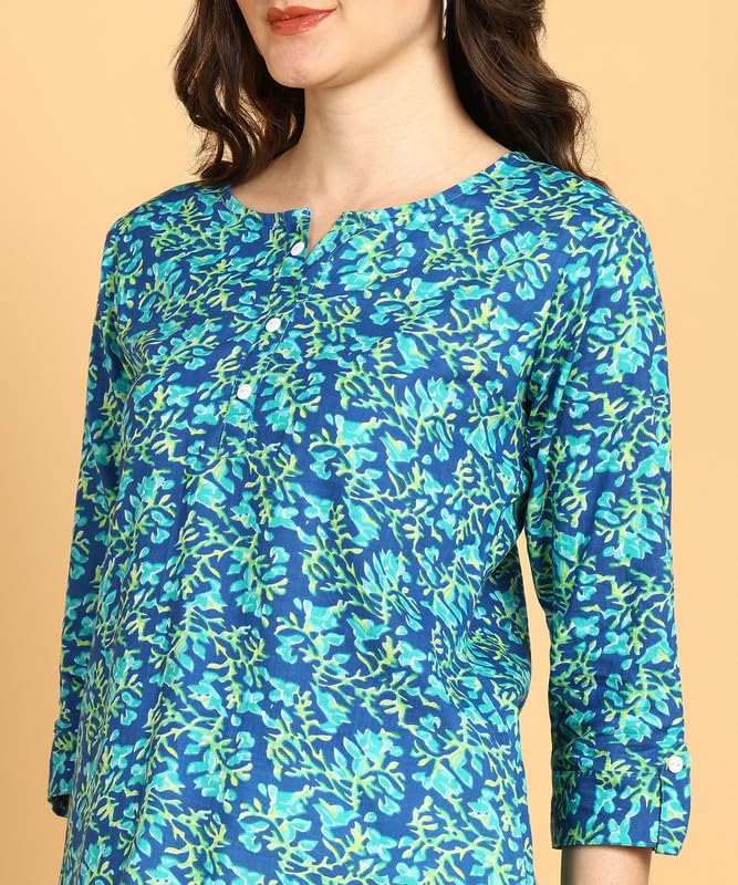 Sky Blue1 - Women's Floral Printed Cotton Top - Stylish Long Top with Mandarin Collar, Perfect for Jeans, Ideal for Casual & Ethnic Wear