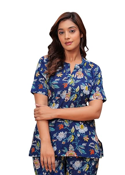 Women's Blue Floral Cotton Co-Ord Set - Soft & Comfortable Loungewear with Stylish Top and Pants - Casual and Everyday Home Wear for Women and Girls
