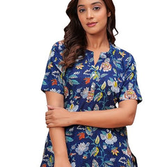 Women's Blue Floral Cotton Co-Ord Set - Soft & Comfortable Loungewear with Stylish Top and Pants - Casual and Everyday Home Wear for Women and Girls