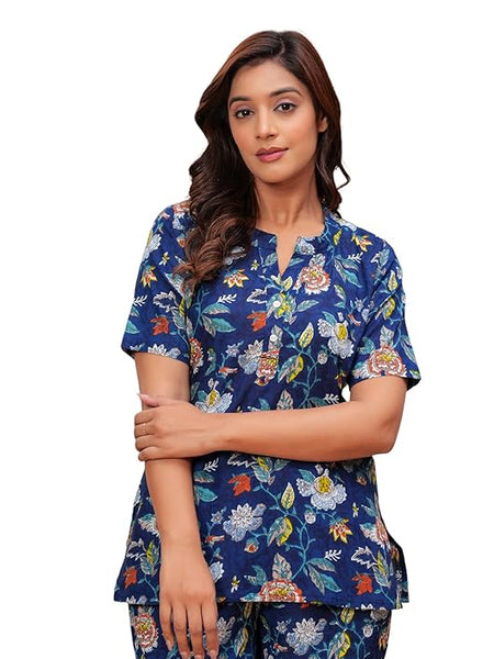 Women's Blue Floral Cotton Co-Ord Set - Soft & Comfortable Loungewear with Stylish Top and Pants - Casual and Everyday Home Wear for Women and Girls