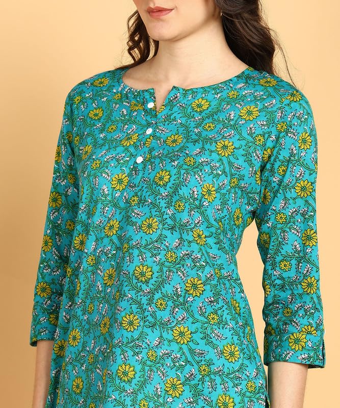 Green - Women's Floral Printed Cotton Top - Stylish Long Top with Mandarin Collar, Perfect for Jeans, Ideal for Casual & Ethnic Wear