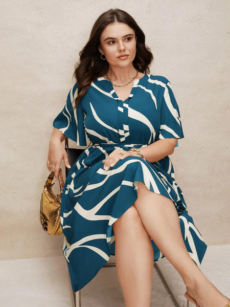 Blue - One Piece Dress for Women, New American Print Rayon Midi Dress, Stylish, Modern Party Outfit, Perfect for Casual and Formal Occasions