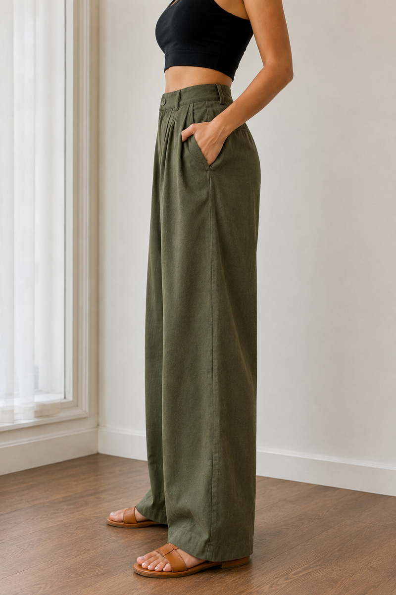 Women’s Olive Green Linen Wide Leg Palazzo Pants with Pockets