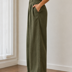 Women’s Olive Green Linen Wide Leg Palazzo Pants with Pockets
