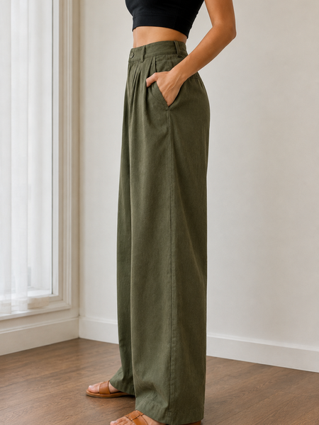 Women’s Olive Green Linen Wide Leg Palazzo Pants with Pockets
