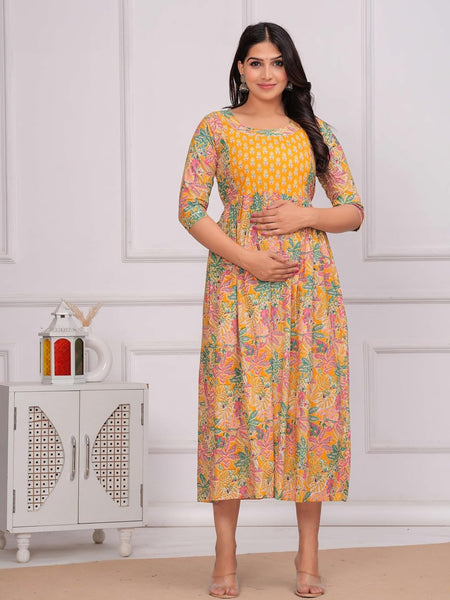 Yellow Green Floral - Maternity Feeding Kurti with Zipper | Cotton Floral Printed Pregnancy & Nursing Dress | Comfortable & Stylish Maternity Wear for Women | Breastfeeding Kurta with Zipper | Soft & Elegant
