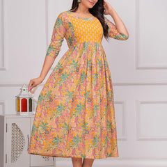 YELLOW - JAIPURFAME Women's Stylish Pure Cotton Printed Kurti Gown – Comfortable and Elegant Maternity & Feeding Dress for Women