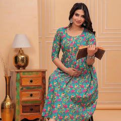 BLUE - JAIPURFAME Women's Stylish Pure Cotton Printed Kurti Gown – Comfortable and Elegant Maternity & Feeding Dress for Women