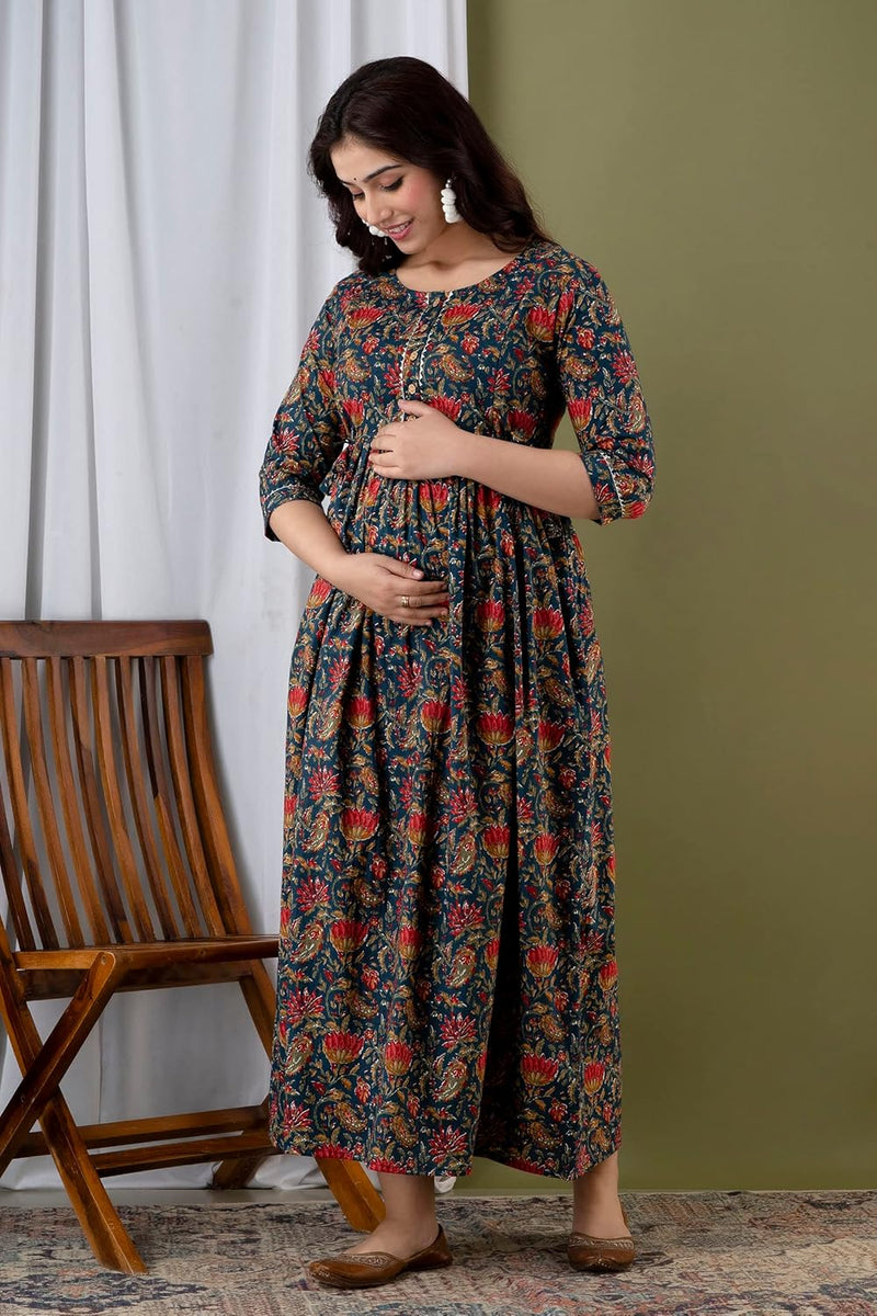 Nevy Blue - Maternity Feeding Kurti with Zipper | Cotton Floral Printed Pregnancy & Nursing Dress | Comfortable & Stylish Maternity Wear for Women | Breastfeeding Kurta with Zipper | Soft & Elegant