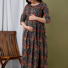 Nevy Blue - Maternity Feeding Kurti with Zipper | Cotton Floral Printed Pregnancy & Nursing Dress | Comfortable & Stylish Maternity Wear for Women | Breastfeeding Kurta with Zipper | Soft & Elegant